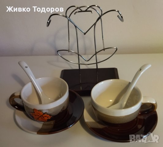 Чаши и лъжици от порцелан с поставка от метал и дърво (за двама), снимка 4 - Чаши - 38181246