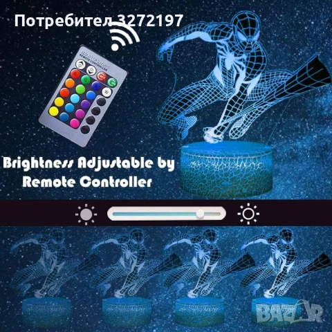 Холограмна 3D LED лампа Spider Man-дистанционно управление 16 цвята+други режими на управление, снимка 3 - Настолни лампи - 50487648