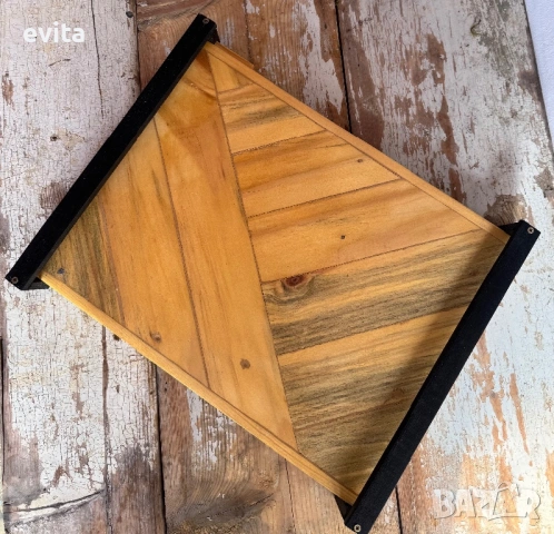 🌿 Ръчно изработен дървен поднос с геометричен дизайн и черни дръжки, снимка 12 - Прибори за хранене, готвене и сервиране - 54212781