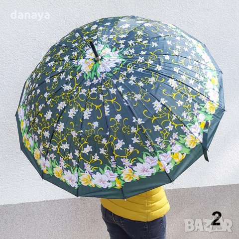 1763 Класически чадър за дъжд с принт на цветя и карета, 16 спици, снимка 2 - Други - 30538400