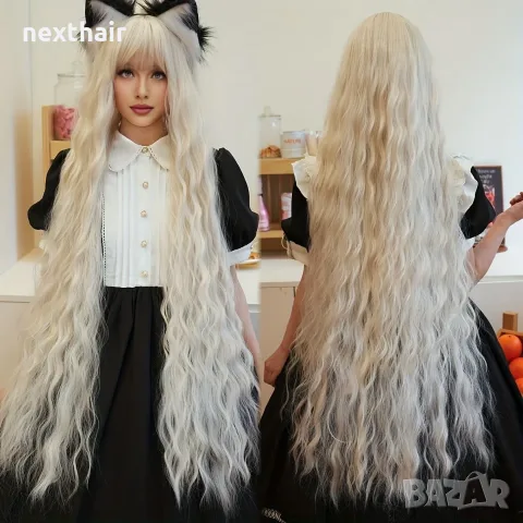 Екстра дълга платинено руса - бяла чуплива перука 106 см с бретон