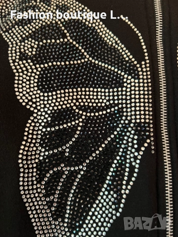 Черен анурак с пеперуда от сребърни камъчета и качулка С размер 100% памук 🖤, снимка 7 - Суичъри - 51463484