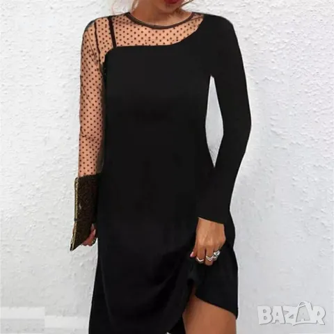 Дамска черна рокля с тюлен ръкав 