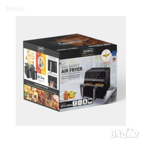 Фритюрник AirFryer Rosberg Premium, 1700W, 2съда x 4л., Горещ въздух, Таймер, до 200°C, Черен 2 ГОДИ, снимка 2 - Фритюрници - 53876323