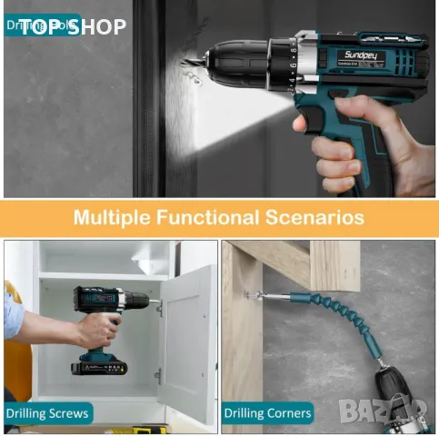 Sundpey 21V Електрическа бормашина Винтоверт с 2 батерии 2,0 Ah, LED светлина и нивелир, 2 скорости, снимка 3 - Винтоверти - 49522709