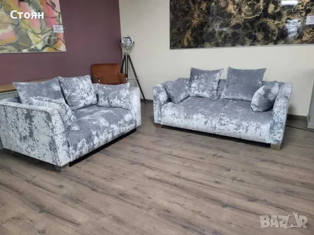 Сиви плюшени дивани от плат тройка и двойка, снимка 10 - Дивани и мека мебел - 48620796