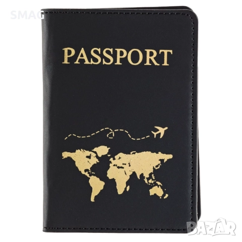 Черен калъф за паспорт от PU кожа със златисти орнаменти 9x13.8 см_1223716