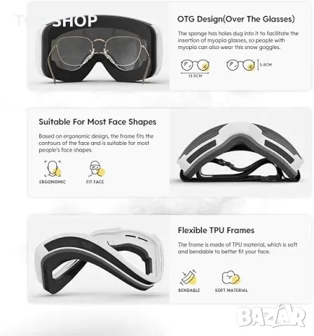 Очила за ски сноуборд Snowledge с UV400 защита, двойна леща с противозамъгляване, съвместими с каска, снимка 6 - Зимни спортове - 49682794