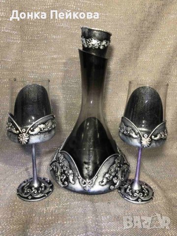 РЪЧНО ИЗРАБОТЕН СЕТ ОТ 3 ЧАСТИ ДЕКАНТЕР И  2 ЧАШИ, снимка 3 - Декорация за дома - 36221262