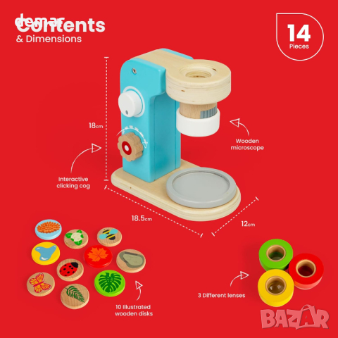Bigjigs Toys Дървена играчка микроскоп от 14 части с 3 лещи, образователна играчка за малки деца, снимка 4 - Образователни игри - 44737638