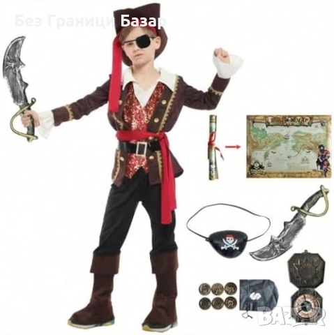 Нов Детски пиратски костюм 10 части шапка меч аксесоари за 4/5 годишно дете, снимка 6 - Други - 54106314