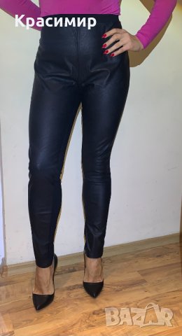 Дамски еластичен панталон от кожа и плат