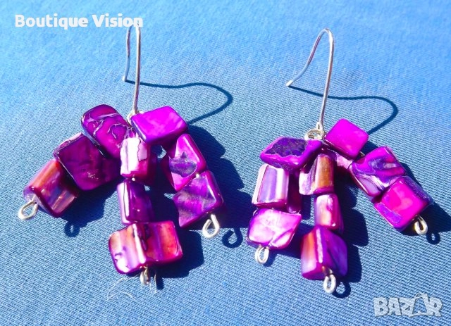 Ново! Сребърни обеци проба 950 с естествени камъни - Апатит и Седеф, снимка 2 - Обеци - 32962534