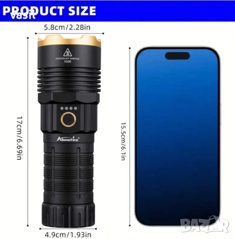 МОЩЕН LED ФЕНЕР ALONEFIRE X100 – 5000 LUMENS | TYPE-C | БАТЕРИЯ ВКЛЮЧЕНА, снимка 9 - Оборудване и аксесоари за оръжия - 52952376