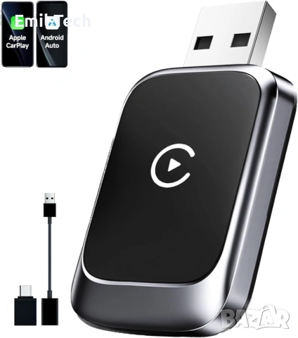 Безжичен CarPlay / Android Auto адаптер – Bluetooth 5.4, WiFi 6, USB-A/USB-C, нов
