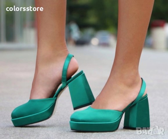 Сандали на ток - зелен сатен - VSN3-1