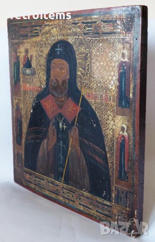 19 век! Старинна, Ръчно Рисувана Руска Икона на Св.Митрофан Воронежски (Чудотворец) с Четири Избрани, снимка 8 - Антикварни и старинни предмети - 39179664