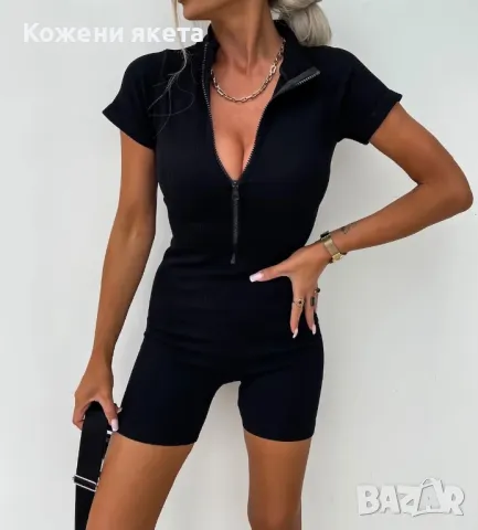 Черен рипс стягащ и оформящ гащеризон с къс ръкав, снимка 1