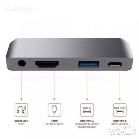 USB C хъб HDMI, 4 в 1, 4K HDMI, USB 3.0, USB C PD 3.0 60 W, 3,5 мм аудио жак, снимка 4 - Други - 40243540