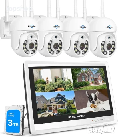 НОВА, пусната за тест, Hiseeu PTZ + 3TB 5MP безжична СОТ система с 12" монитор, 10-канална...