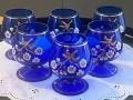 6 винтидж кристални чаши  Bohemia ръчно рисувани, кобалтово сини с позлата, снимка 1