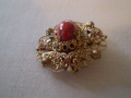 Винтич брошка филигран с червено многоцветно стъкло, снимка 4