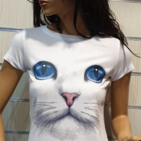 Страхотна нова дамска бяла тениска с 3D принт Котка със сини очи, снимка 10 - Тениски - 29126635