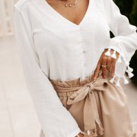Дамска блуза в бяло с дълги ръкави с пискюли, от вискоза и лен, снимка 13 - Блузи с дълъг ръкав и пуловери - 44382552