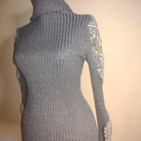 Сиво дамско поло с дантела и ламе , снимка 2 - Блузи с дълъг ръкав и пуловери - 34520399