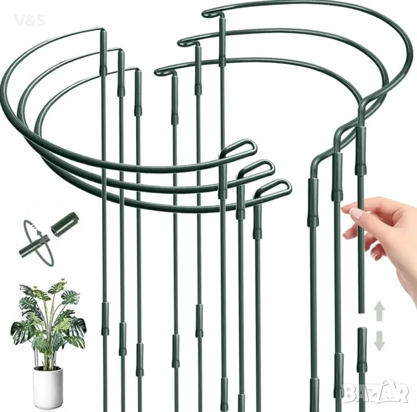Опаковка от 6 подпори за растения, полукръгли клетки с пръстени за подпори на растения, метален държ, снимка 1