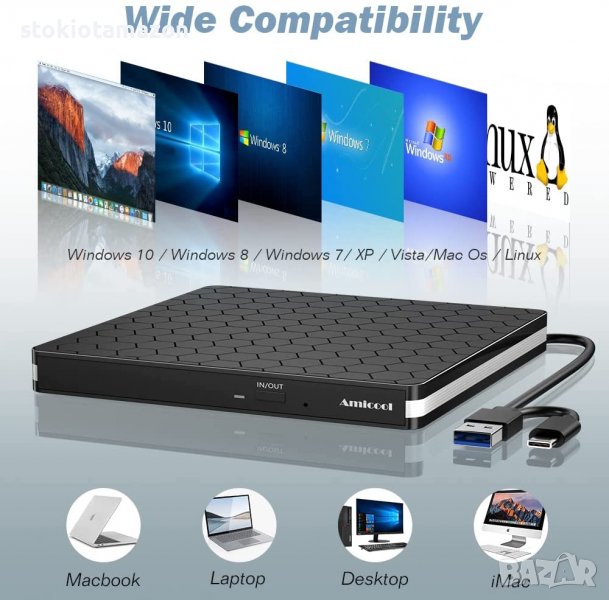Външна DVD Записвачка, Amicool USB 3.0 TypeC CD DVD +/RW Optical
