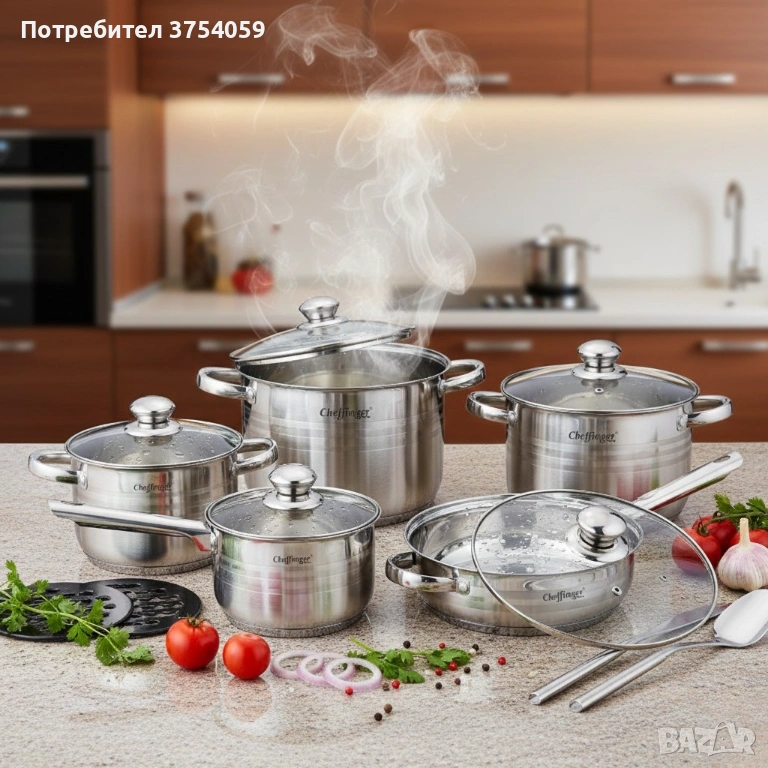 Комплект съдове за готвене 12 части Cheffinger, с индукционно дъно и стъклени капаци , снимка 1