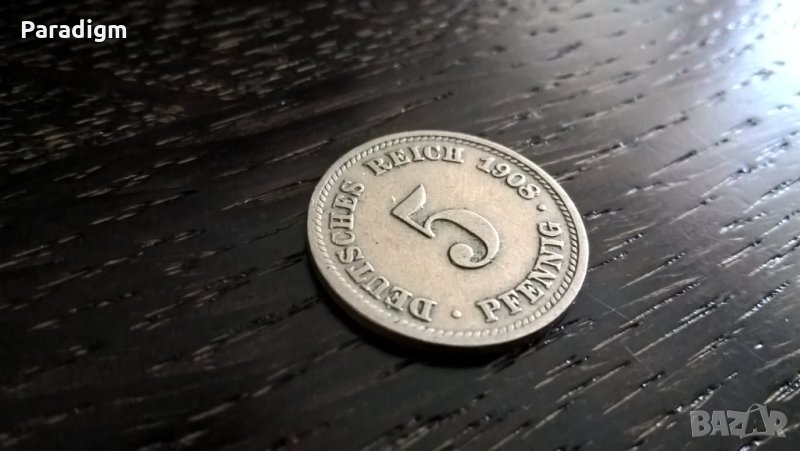 Райх монета - Германия - 5 пфенига | 1908г.; серия D, снимка 1