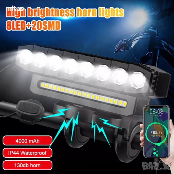 Ултра ярка LED+SMD светлина за велосипед, Фар, Клаксон 120db, 4000 mAh, снимка 1