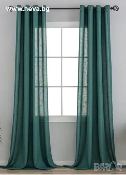Комплект ленени завеси в тъмно зелен цвят , снимка 1