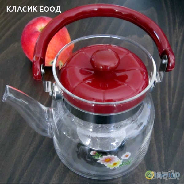 Огнеупорен стъклен чайник с цедка 1,6 л., снимка 1