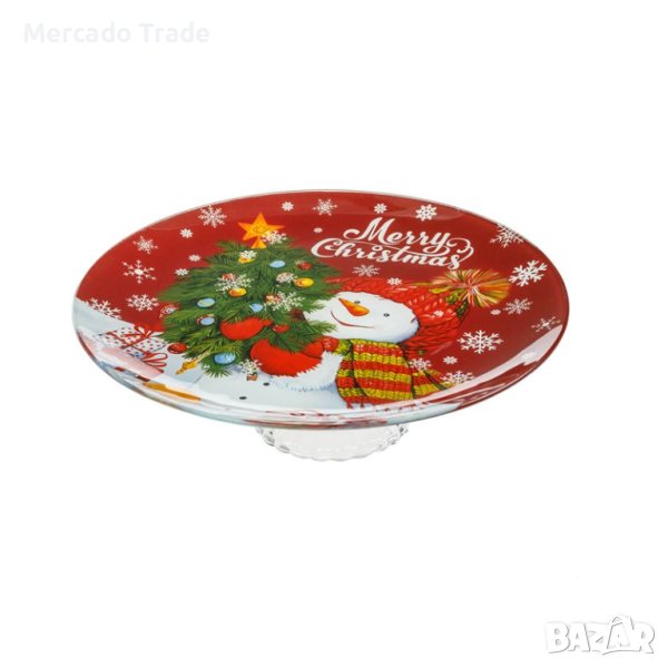 Десертна чиния Mercado Trade, Дизайн на Снежен човек, Стъкло, Червен, снимка 1