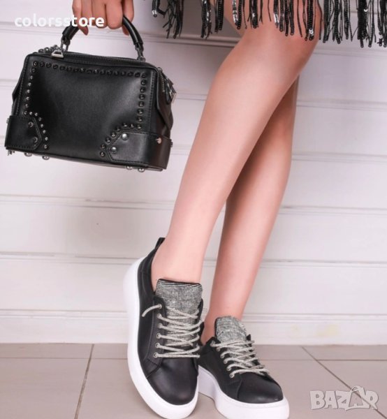 Равни кецове - черна кожа със бяло ходило/сребристи връзки - STV1, снимка 1