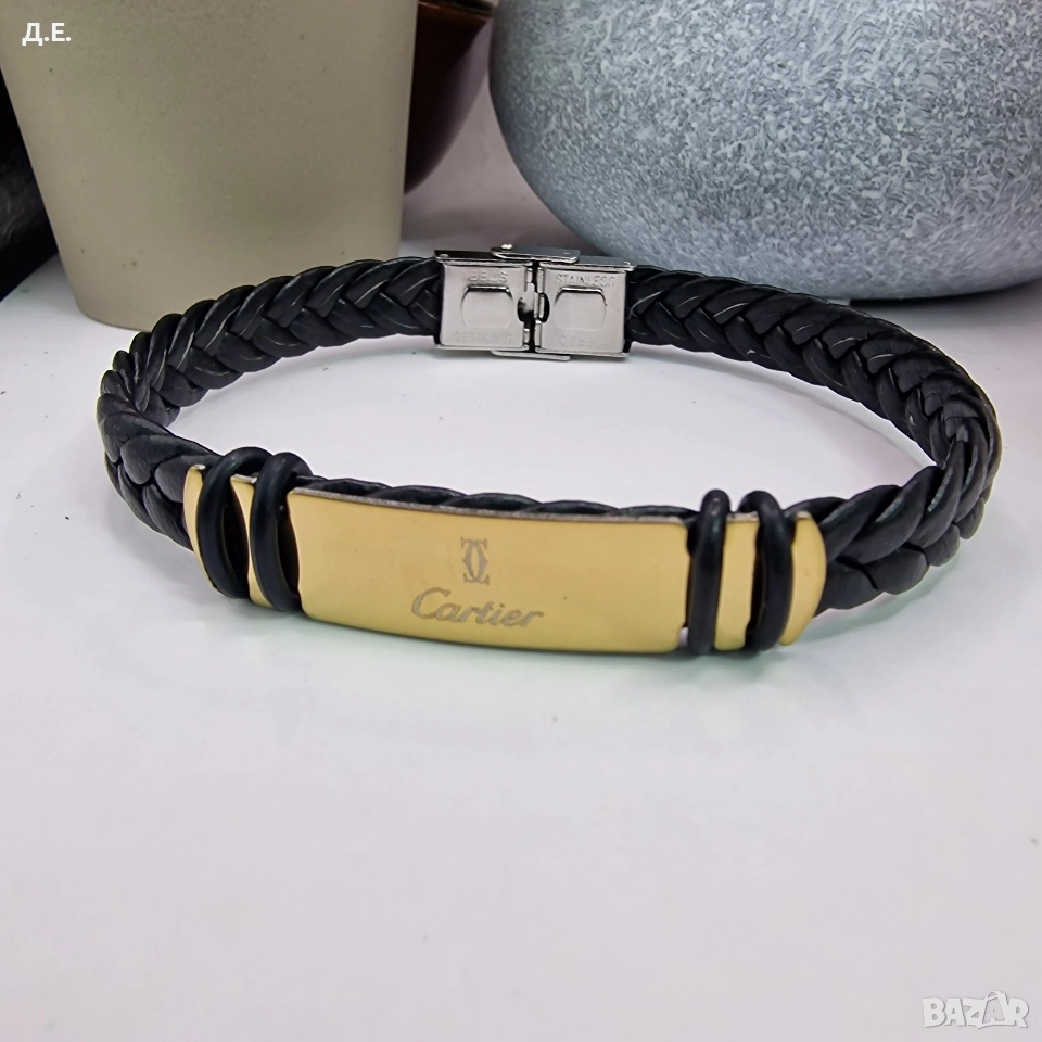 Мъжка кожена гривна Cartier от медицинска стомана с 18K позлата, снимка 1