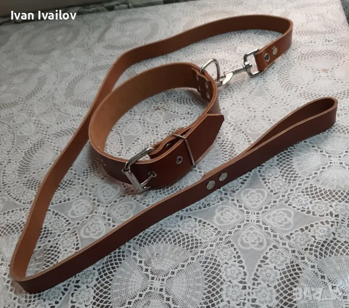 Комплект Ест. Кожа повод и каишка за голямо куче , снимка 1