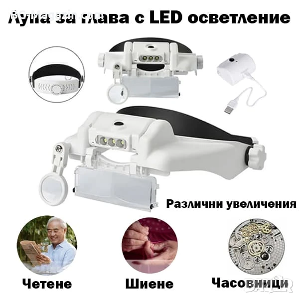 Увеличителна часовникарска лупа за глава око очила с LED осветление светлина лампа бижутери мощна, снимка 1