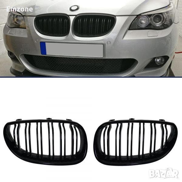 Решетки Бъбреци за BMW 5 серия E60 E61 2003-2010г. Черен Гланц Двойни, снимка 1