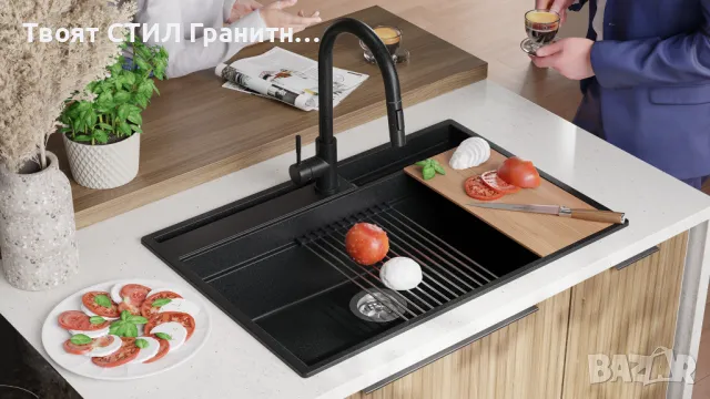Графит кухненска мивка от гранит Осло 80 Премиум 780 x 530 мм, снимка 7 - Мивки - 47714203