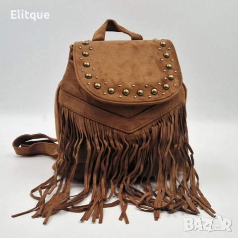 Велурена дамска раница с ресни и метални нитове – бохо стил и практичност, снимка 17 - Чанти - 52459500
