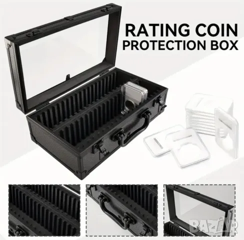 Черен алуминиев куфар за 40 броя сертифицирани монети PCGS,NGC със стъклен капак, снимка 3 - Нумизматика и бонистика - 50393331