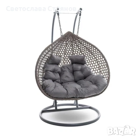 Двойна висяща ратанова люлка тип пашкул с метална рамка и възглавница – стил и комфорт до 200 кг