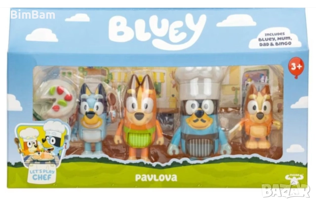 Комплект фигурки Bluey 4 броя Bingo, Bandit In His Chef Hat And Chilli, снимка 2 - Фигурки - 52877259