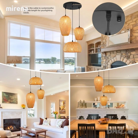 Лампа от ратан с 3 лампи, бамбук, бохо стил, ръчно плетени полилеи, снимка 4 - Лампи за таван - 53224776