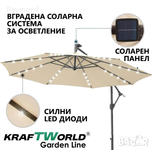 Висящ градински чадър Monaco 3м KraftWorld | Соларено LED осветление | Бежов Лукс | 220g/m², снимка 10 - Градински мебели, декорация  - 51053169