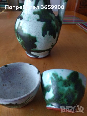 Стари калени каничка и 2 чаши,рисувани, снимка 4 - Сервизи - 40267776